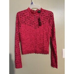 Bebe Y2K Womens Lace Pink Sheer Sleeves Crop Top Size M NWT